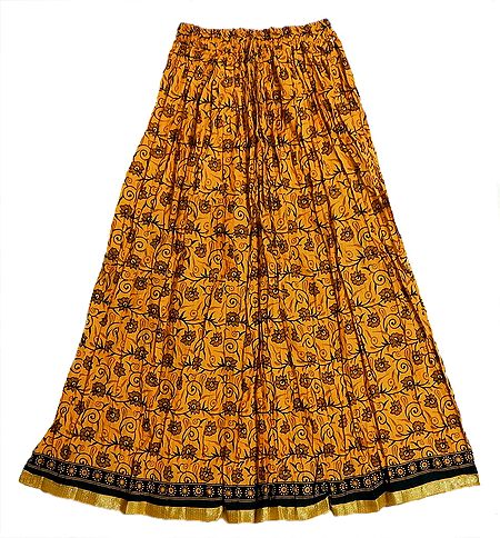 Brown Floral Print Print on Yellow Crushed Cotton Skirt