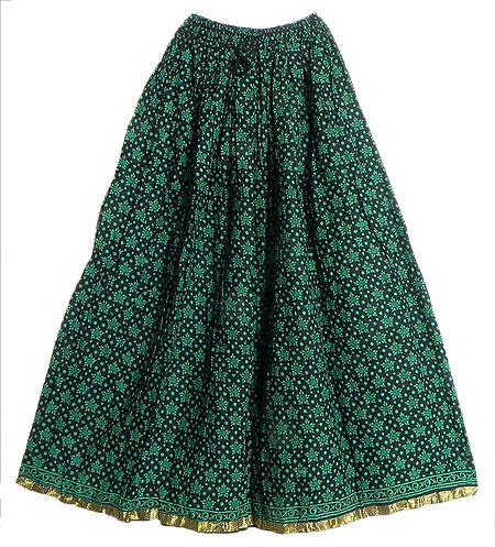 Black Cotton Long Skirt with Dark Green Print