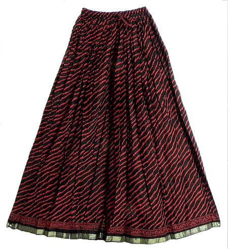 Black Cotton Long Skirt with Dark Red Print