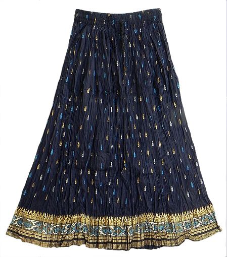 Dark Blue Skirt with Golden, Silver and Light Blue Block Print