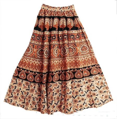 Brown and Black Sanganeri Block Print on Light Peach Cotton Long Skirt