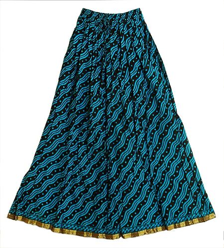 Dark Cyan with Black Wave Printed  Long Skirt with Zari Border