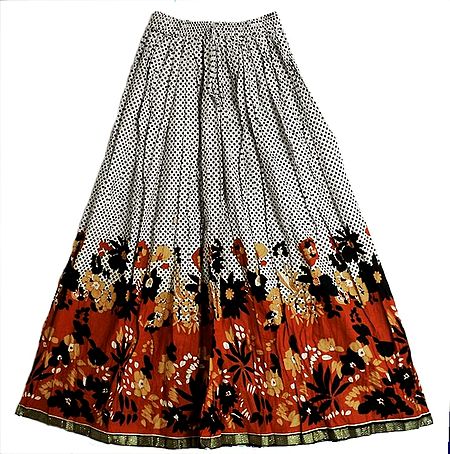 Black Dots and Floral Print on White Long Skirt with Zari Border