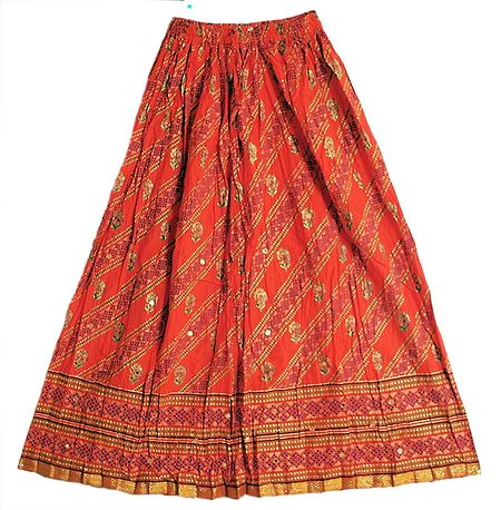 Multicolor Print on Saffron Skirt with Zari Border