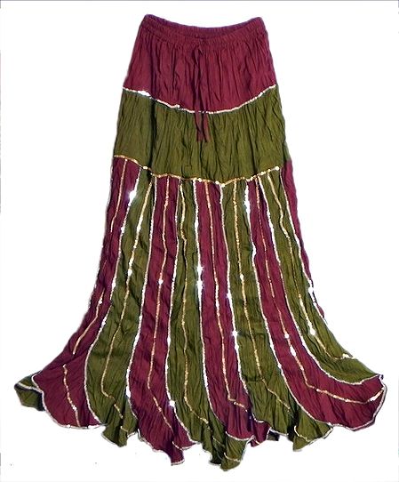 Maroon and Olive Green Cotton Long Skirt with Sequin Wok