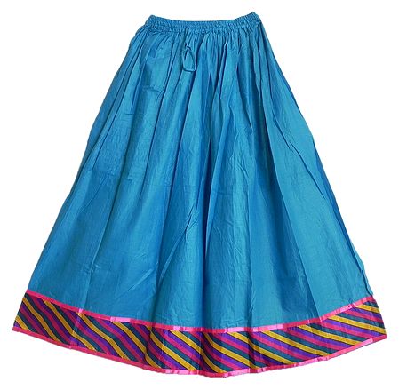 Cyan Blue Cotton Long Skirt with Multicolor Border