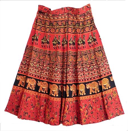 Red, Black and Yellow Sanganeri Block Print Wrap Around Skirt