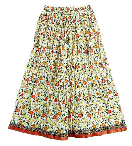 Saffron and Green Floral Print on White Crinkled Cotton Skirt
