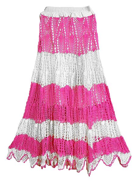 White with Pink Crocheted Long Skirt