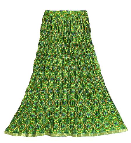 Multicolor Print on Green Cotton Crushed Long Skirt with Zari Border