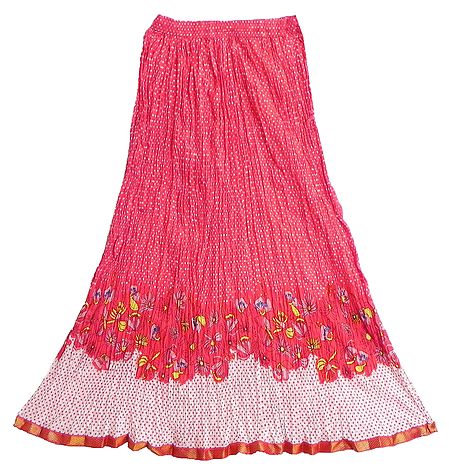 White Print on Red Cotton Crushed Long Skirt with Zari Border