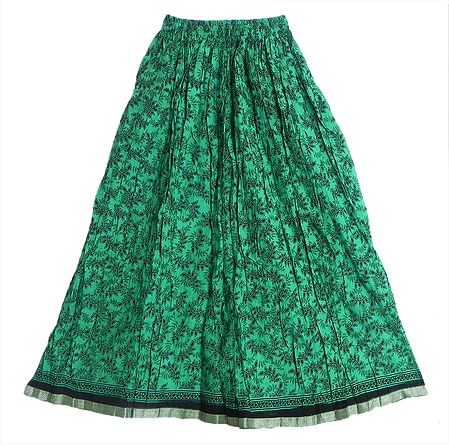 Black Print on Green Crushed Cotton Skirt