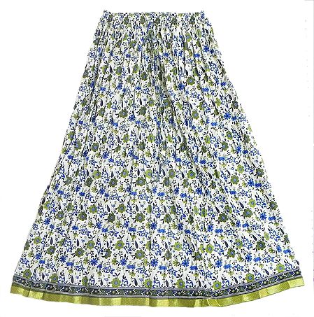 Green and Blue Print on White Crushed Cotton Skirt