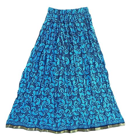 Black Print on Blue Crushed Cotton Skirt