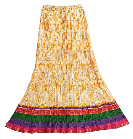 Yellow Print on White Cotton Wrinkled Long Skirt with Zari Border