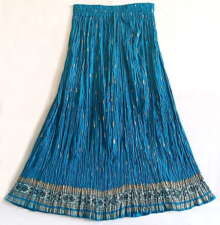 Cyan Skirt with Golden, Silver and Dark Blue Block Print