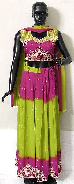 Dark Pink and Light Green Georgette Ghagra Choli with matching Odhni