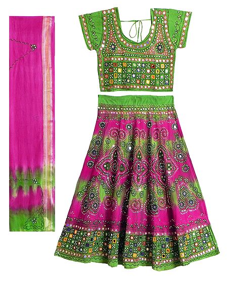 Embroidered Magenta with Green Lehenga Choli with Dupatta and Elaborate Sequin Work