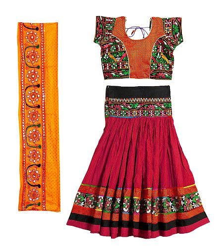 Multicolor Embroidery on Red Cotton Lehenga Choli with Dupatta