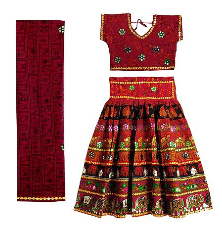 Multicolor Embroidery on Red Cotton Lehenga Choli with Dupatta