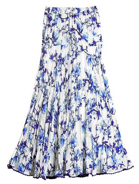 Blue Floral Print on White Georgette Long Skirt