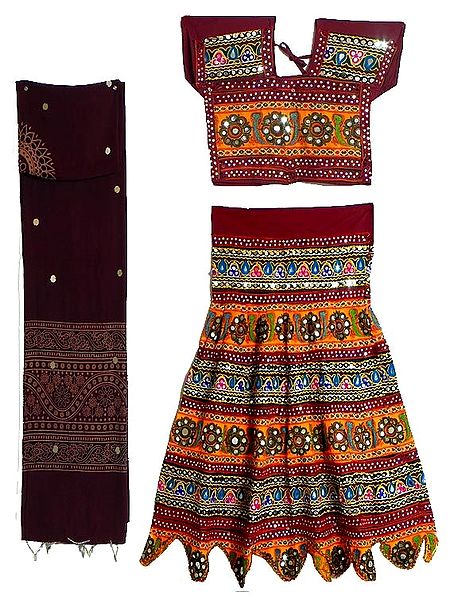 Multicolor Cotton Lehenga and Adjustable Choli with Knotted Back and Elaborate Bead and Sequin Work with Maroon Dupatta