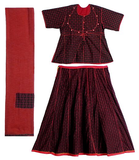 Red Print on Black Cotton Lehenga Choli