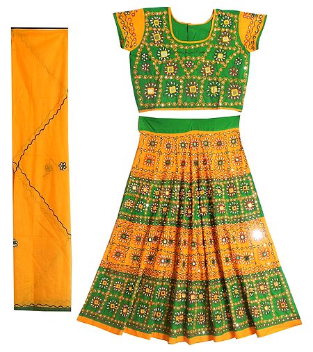Yellow with Green Cotton Lehenga Choli and Dupatta with Embroidery and Elaborate Bead, Sequin and Mirror Work