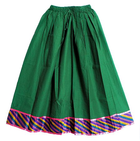 Green Cotton Long Skirt with Multicolor Border
