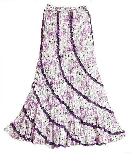 White Long Gypsy Skirt with Dark Purple Floral Print