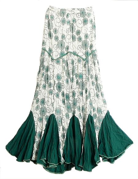 White Long Gypsy Skirt with Green Floral Print