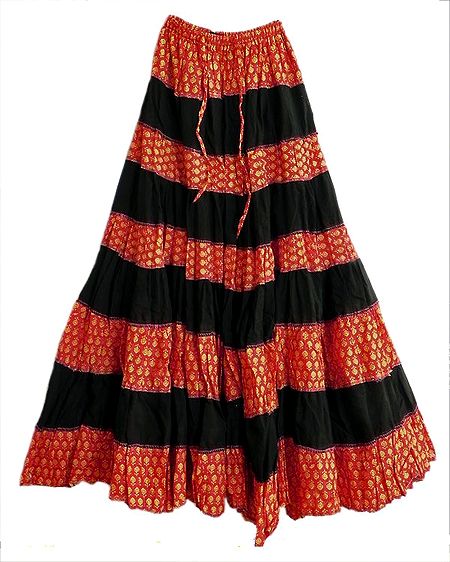 Red, Yellow Print Cotton Skirt with Black Cloth Stripe