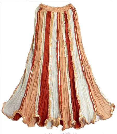 Peach, Rust with White Gypsy Skirt with Sequin Work