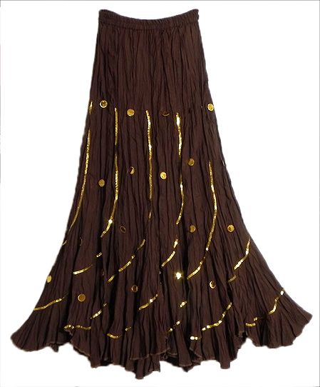 Dark Brown Cotton Long Skirt with Sequin Work