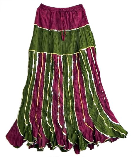 Maroon with Olive Green Cotton Long Skirt with Sequin Work