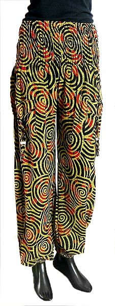 Yellow, Red and Black Spiral Print on Cotton Harem Pants