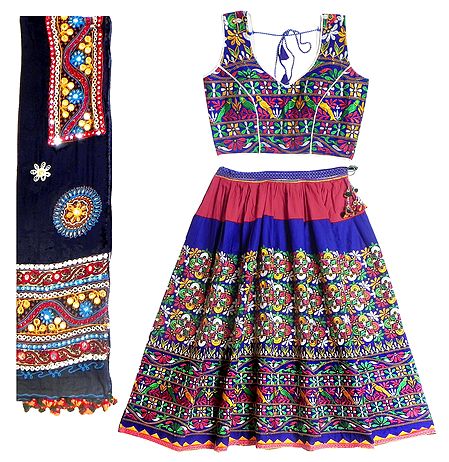 Blue and Red Cotton Lehenga, Choli and Black Dupatta with Gorgeous Kachchi Embroidery