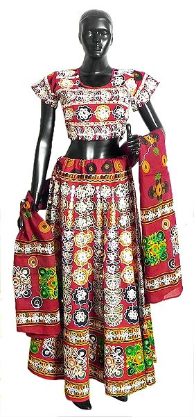 Yellow, Green and Black Print on Red Cotton Lehenga Choli and Red Dupatta with Embroidery and Elaborate Sequin Work