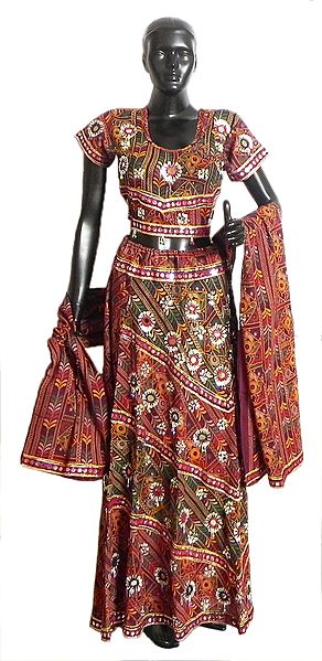 Multicolor Print on Red Cotton Lehenga Choli and Dupatta with Embroidery and Elaborate Bead and Sequin Work