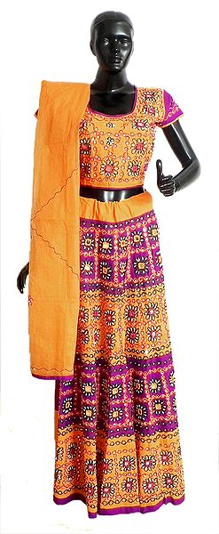 Yellow with Magenta Cotton Lehenga Choli and yellow Dupatta with Embroidery and Elaborate Bead and Sequin Work