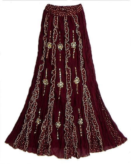 Maroon Cotton Long Skirt with Frills and Sequin Wok