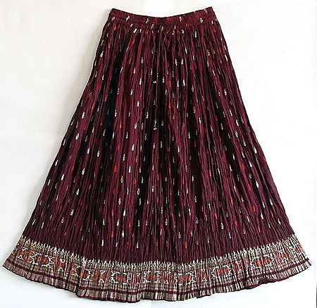 Maroon Skirt with Golden, Silver and Saffron Block Print