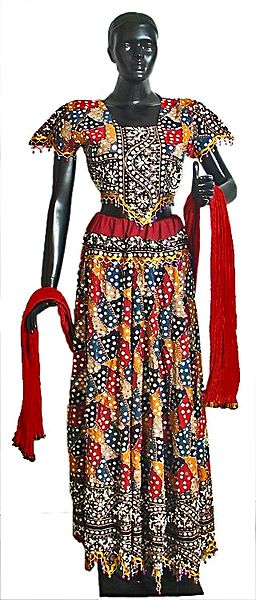 Multicolor Lehenga Choli with Elaborate Bead and Mirrorwork  and Matching Dupatta