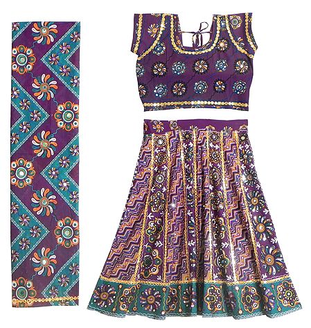 Purple Printed Cotton Lehenga, Choli and Dupatta with Embroidery and Faux Mirror Work