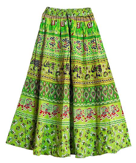 Sangenari Block Print on Green Cotton Long Skirt