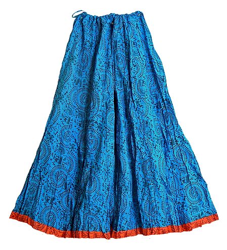 Black Worli Print on Blue Cotton Crushed Long Skirt
