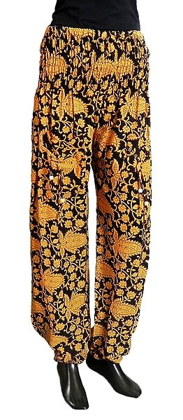 Yellow Floral Print on Black Cotton Harem Pants