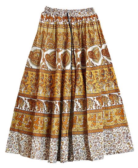 Sangenari Block Print on White and Yellow Cotton Long Skirt