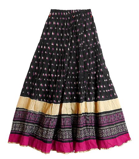 Printed Black Wrinkled Cotton Long Skirt with Elastic Waist