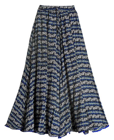Floral Print on Blue Lycra Long Skirt